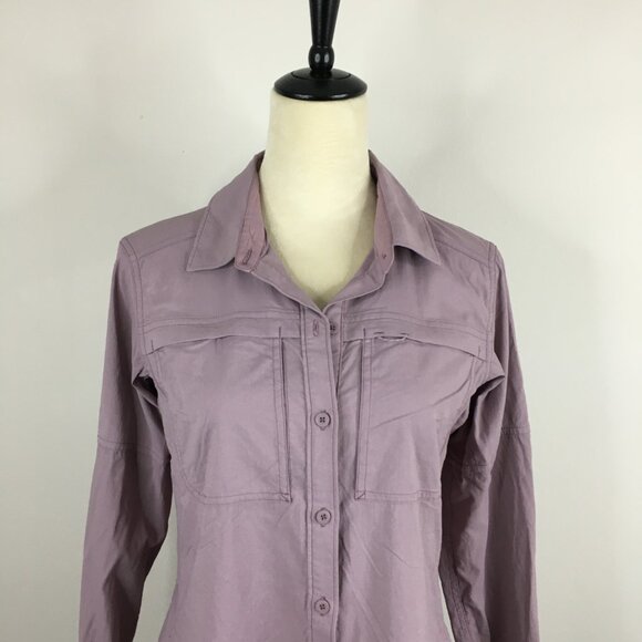 REI Co-op Purple/Gray Mesh Insert Sleeve Tabs Vented Back Button Shirt - Picture 5 of 14